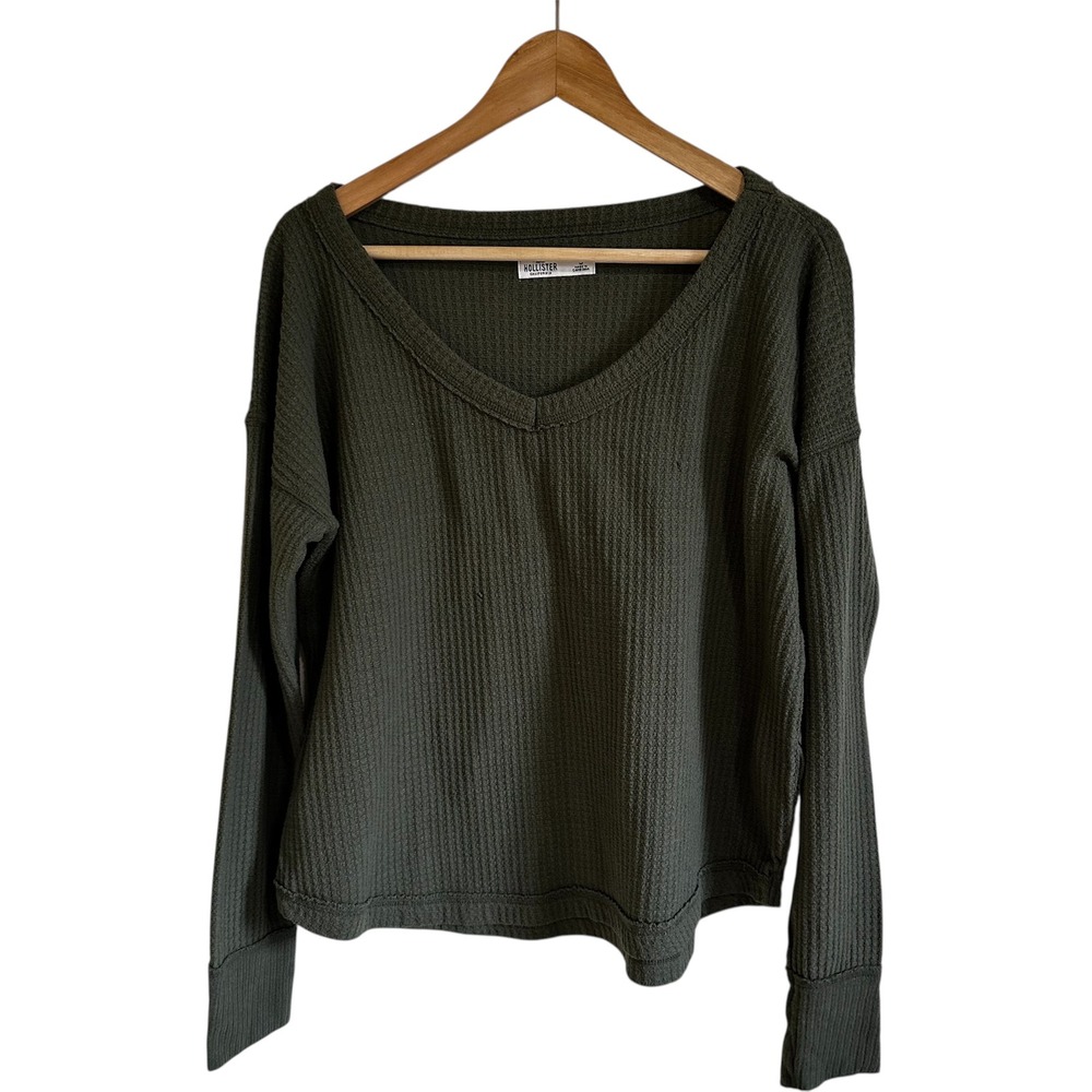 Hollister Olive Green Waffle Knit V-Neck Long Sleeve‎ Top, Size S